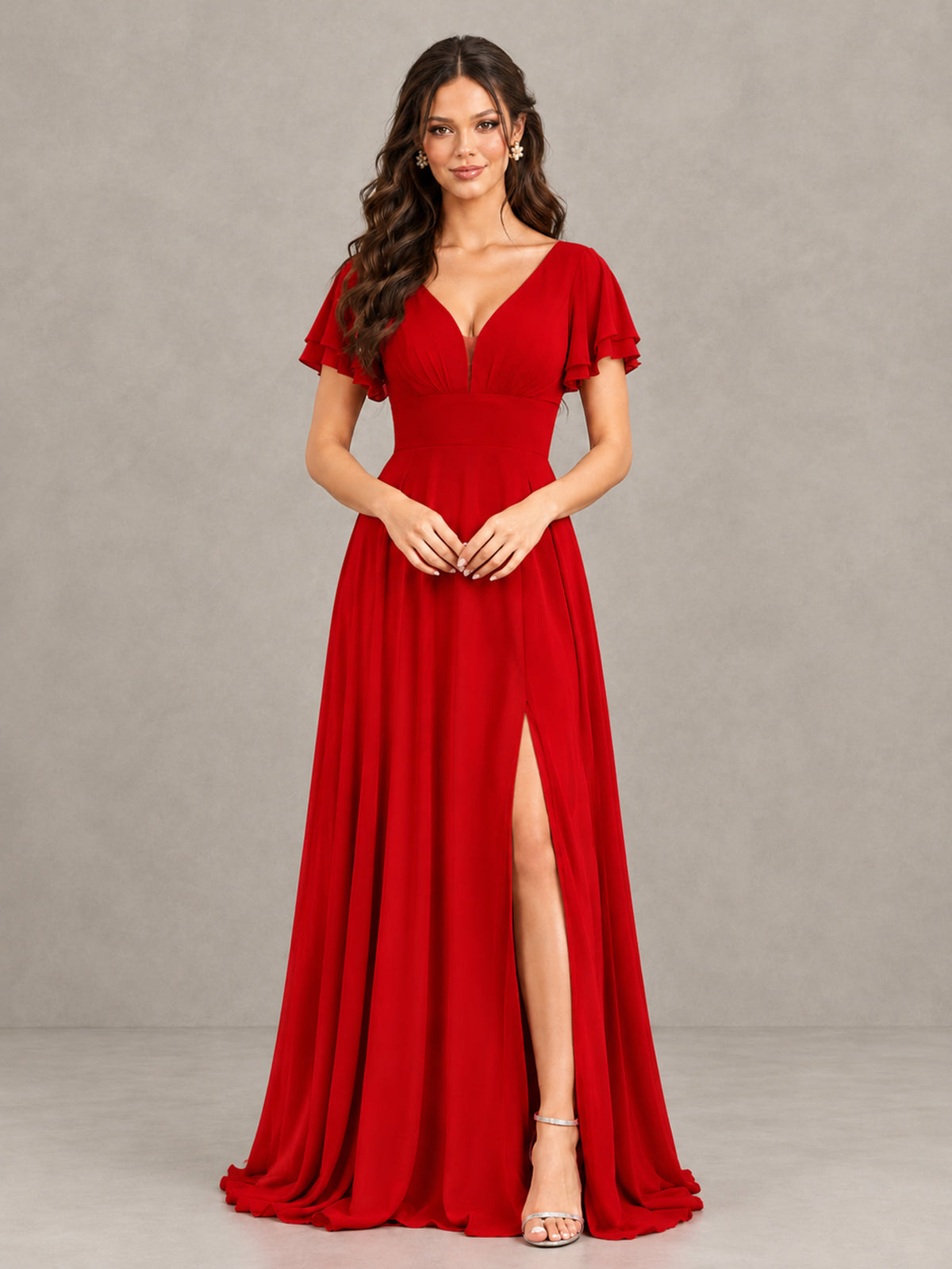BOLODOO Red Flutter Sleeve Chiffon A-Line Maxi Bridesmaid Dress with Open Back & Slit - Red - Red (4)