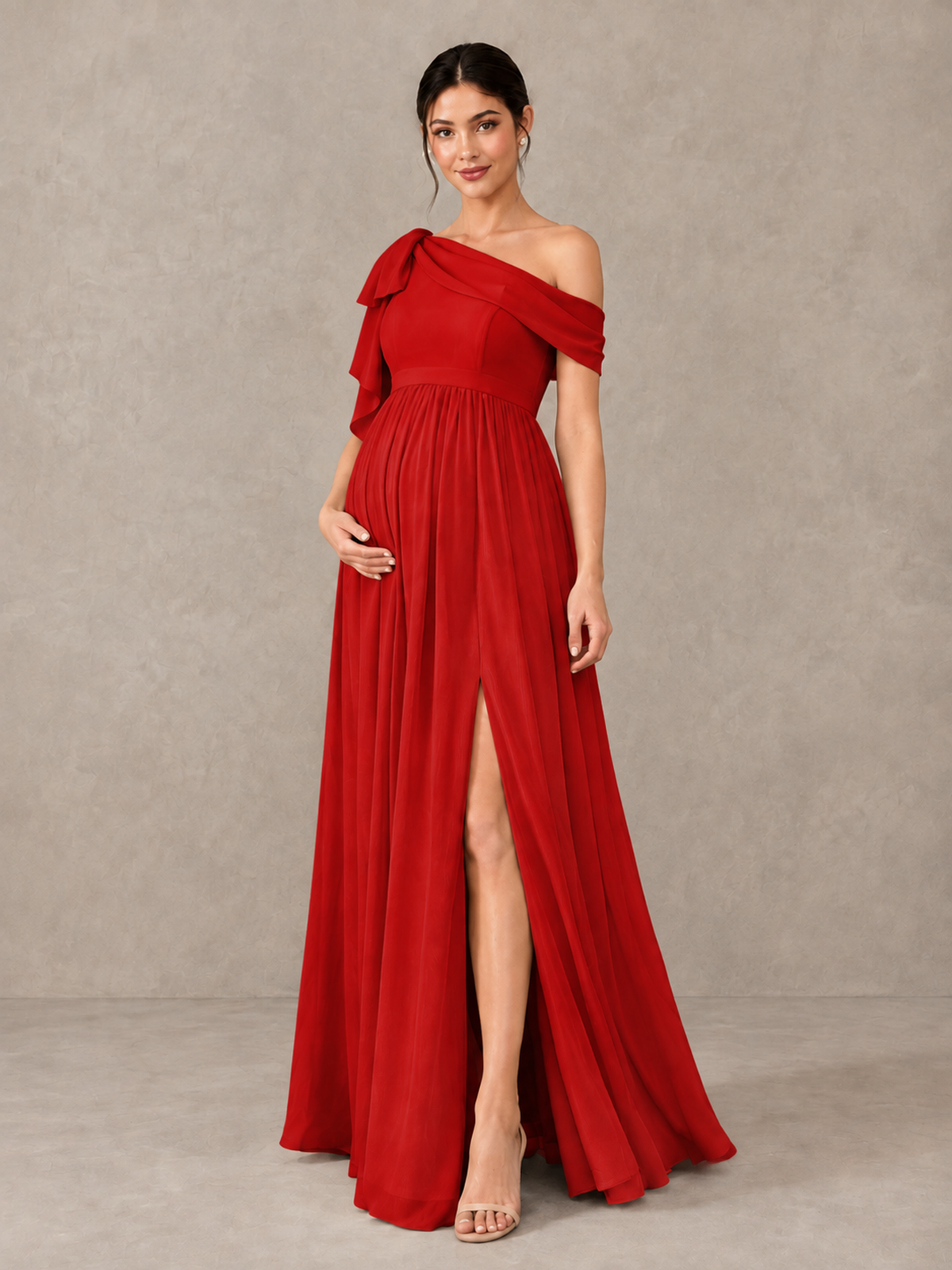 BOLODOO Red One-Shoulder Maternity Bridesmaid Dress with Slit - Red - Red (4)