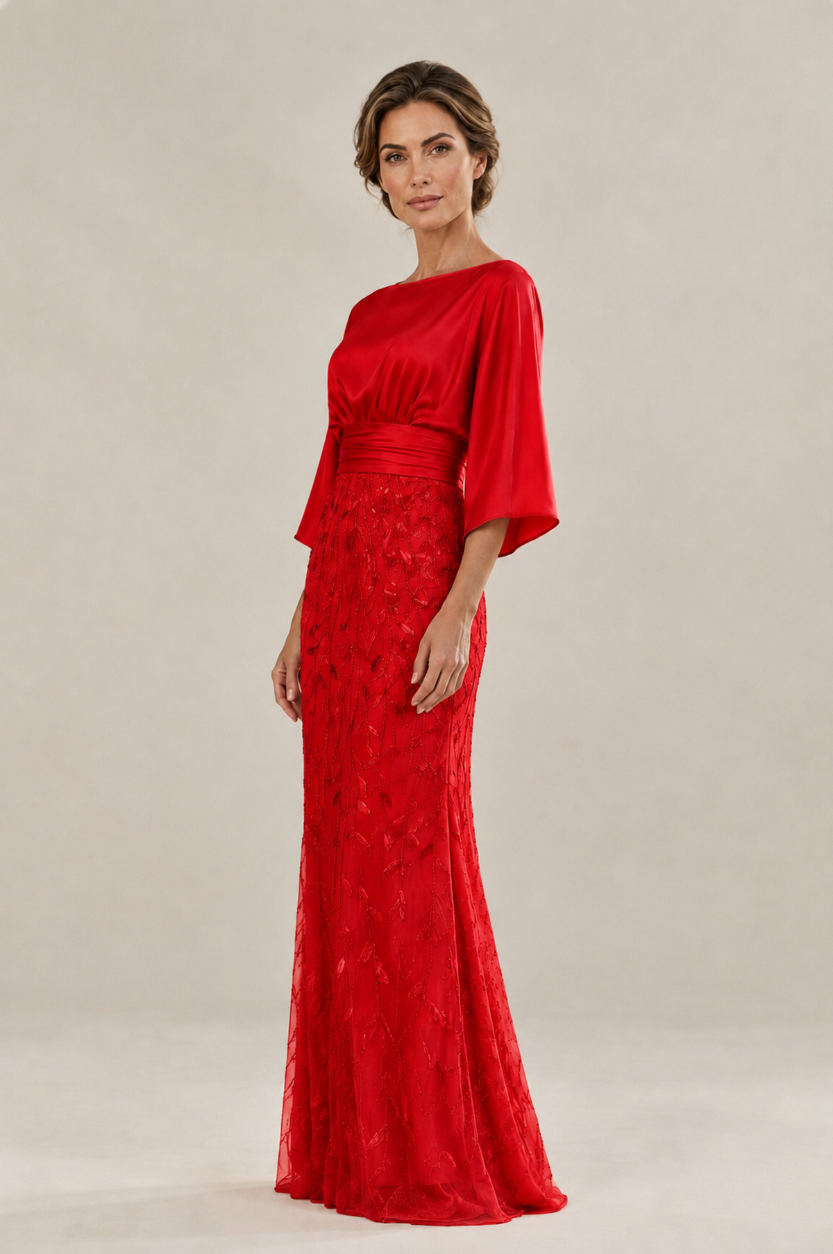 BOLODOO Red Mother of the Bride Dress with Kimono Sleeves, Satin Bodice & Sequin Embroidered Mermaid Floor-Length Gown - Red - Red (4)