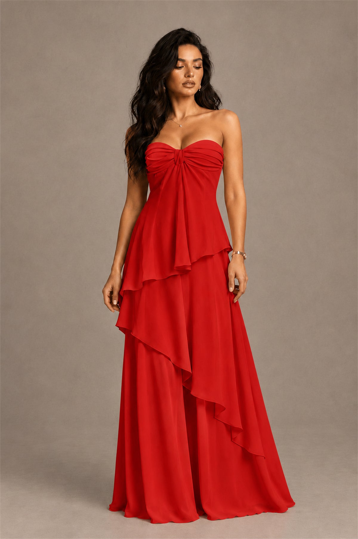 BOLODOO Red Strapless Sweetheart Knotted Chiffon Tiered Maxi Dress with Lace-Up Back - Red