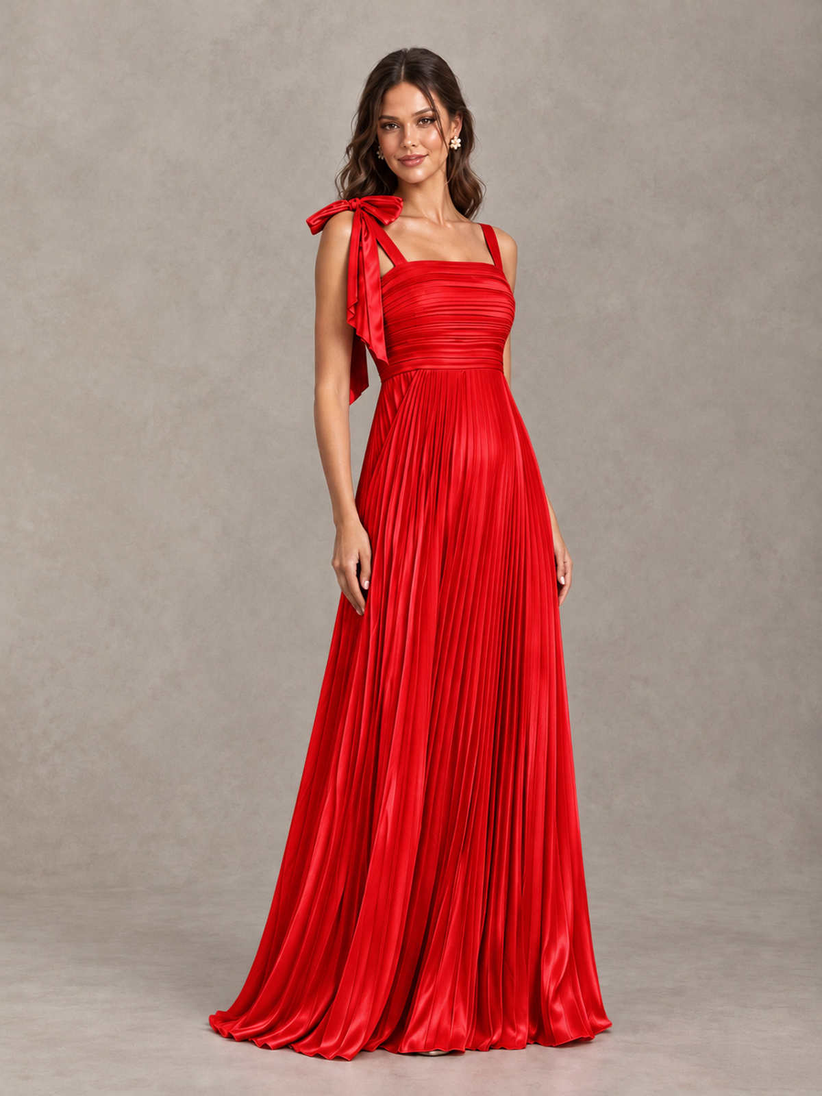 BOLODOO Red Pleated Bow-Strap Bridesmaid Maxi Dress - Red - Red (4)