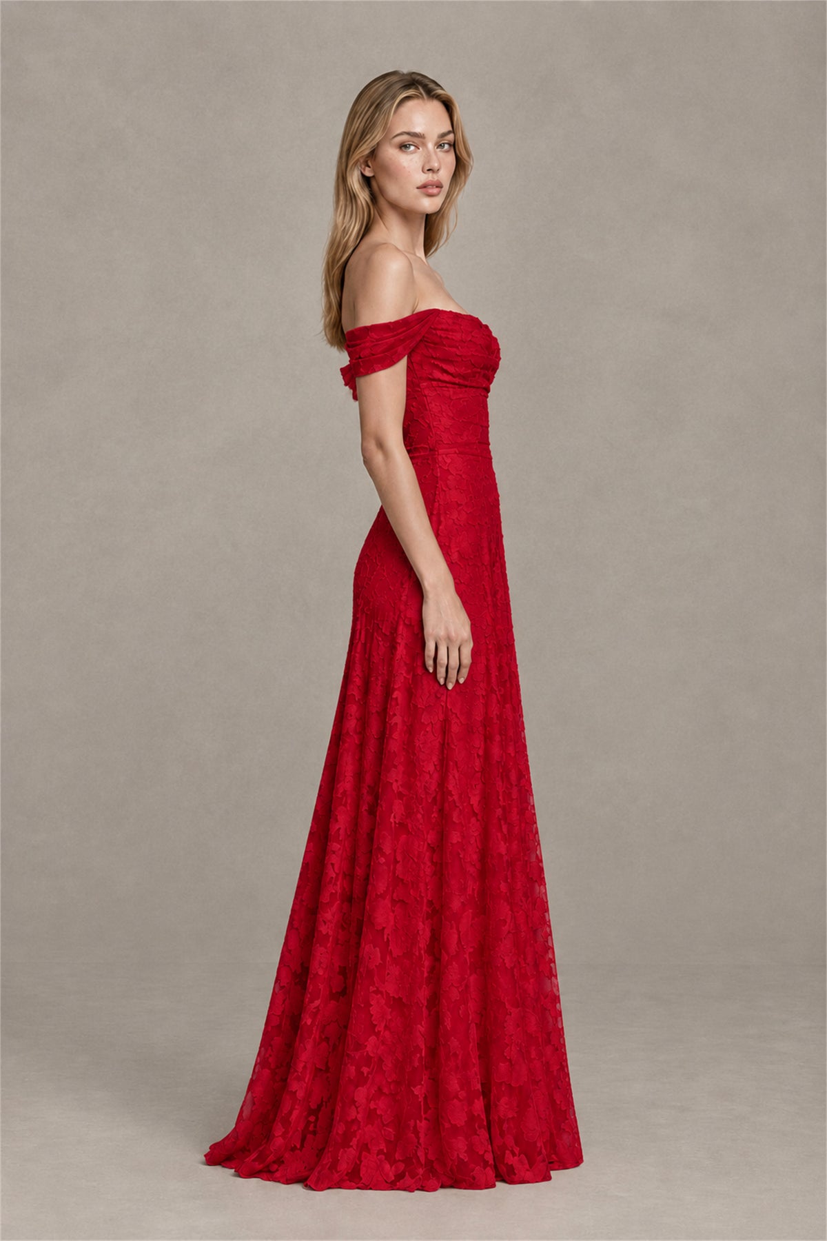 BOLODOO Red Off-Shoulder Pleated A-Line Maxi Dress Floral - Red