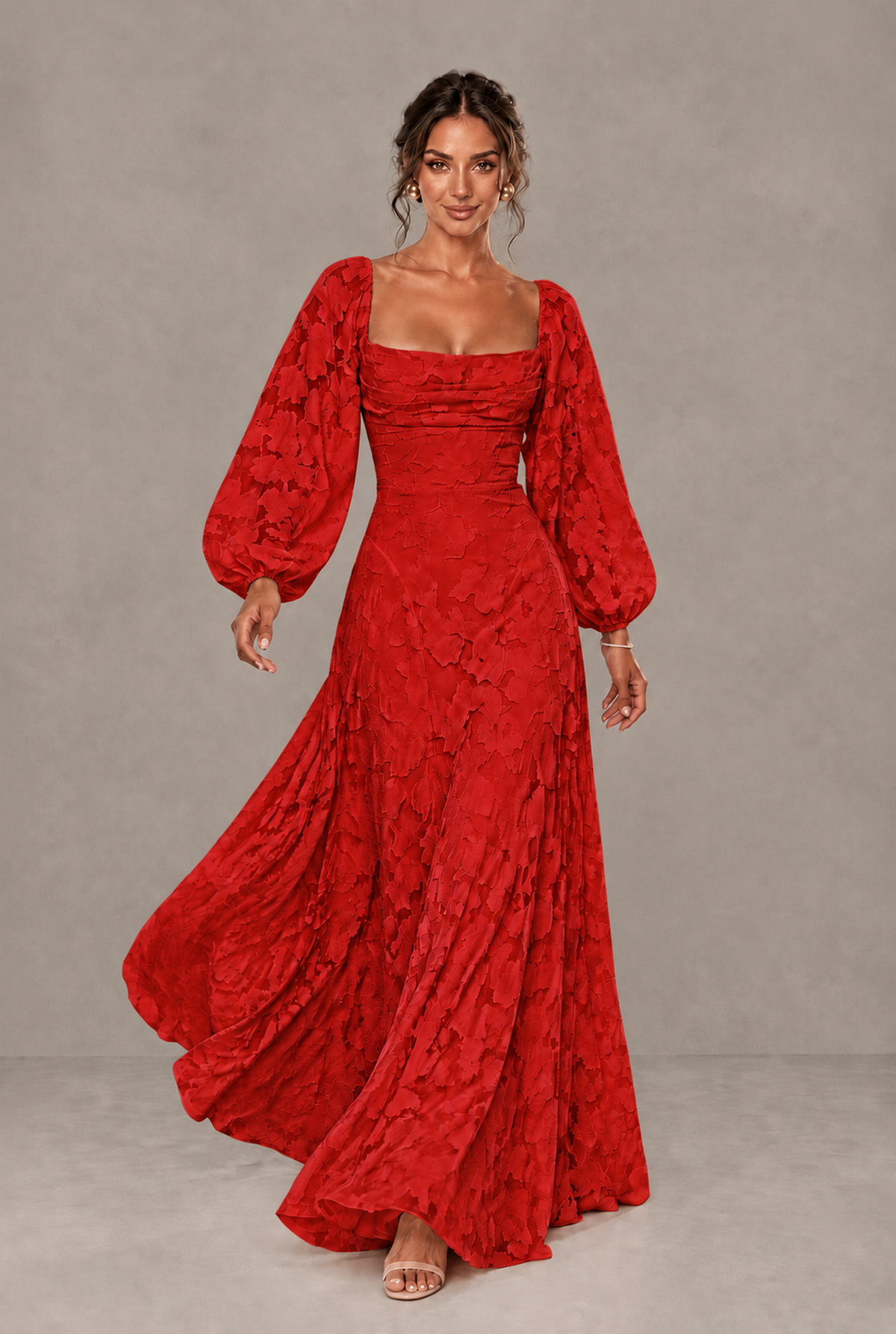 BOLODOO Floral Red Long Sleeve A-Line Dress with Lace-Up Back - Red