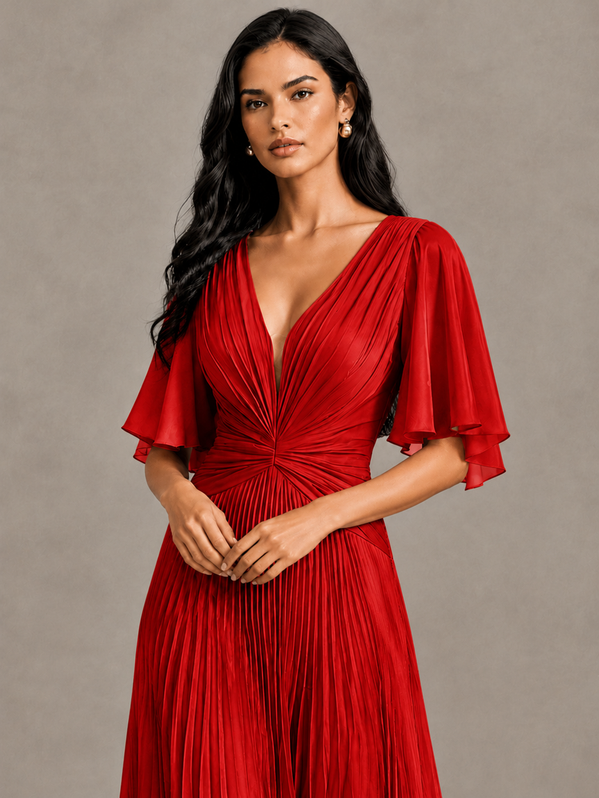 BOLODOO Red Pleated V-Neck Flutter Sleeve Bridesmaid Dress - Red - Red (4)