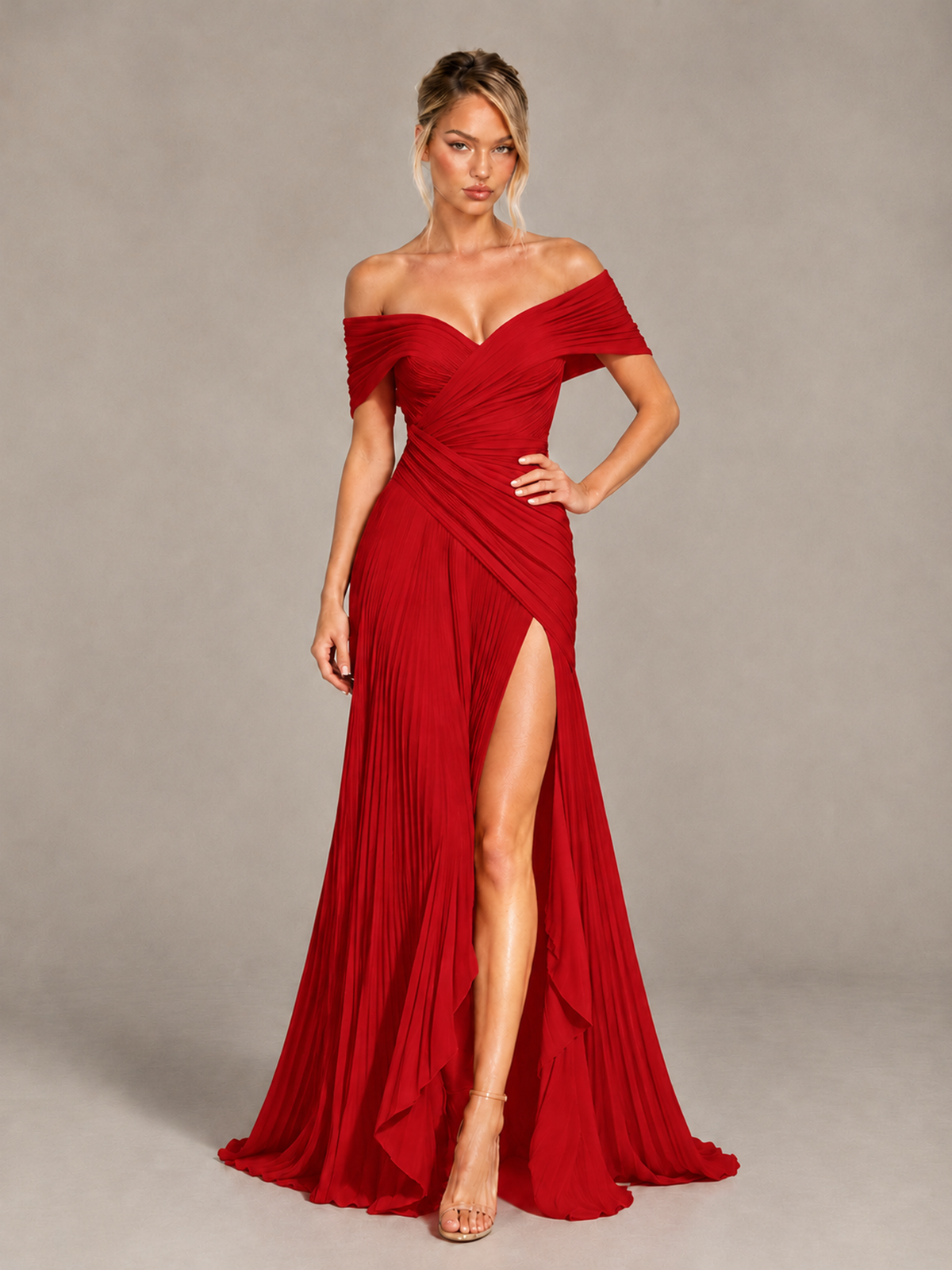 BOLODOO Red Off-Shoulder Ruched Pleated Maxi Dress with High Slit - Red - Red (4)