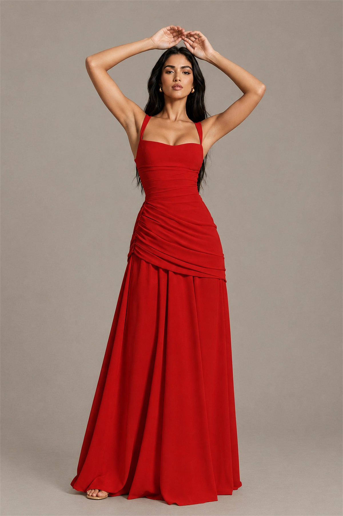 BOLODOO Square Neck Ruched A-Line Maxi Dress - Red Backless Evening Gown - Red