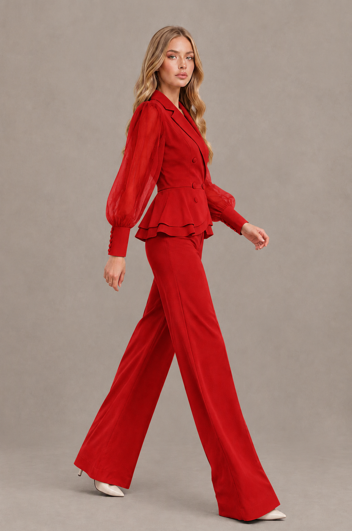 BOLODOO Mint Red Peplum Blazer Wide-Leg Pantsuit with Sheer Puff Sleeves - Red