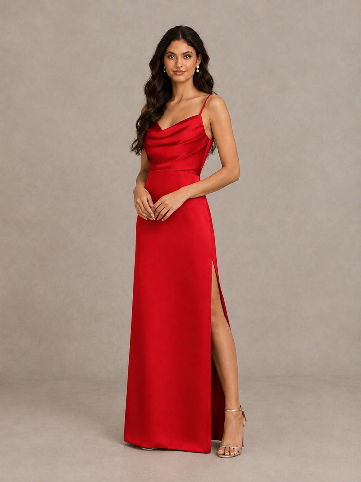 BOLODOO Red Cowl Neck Satin Bridesmaid Dress with Slit - Red - Red (4)