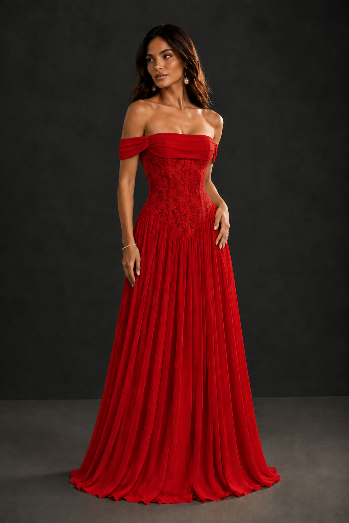 BOLODOO Red Off-Shoulder Lace Corset Tulle Maxi Dress - Red