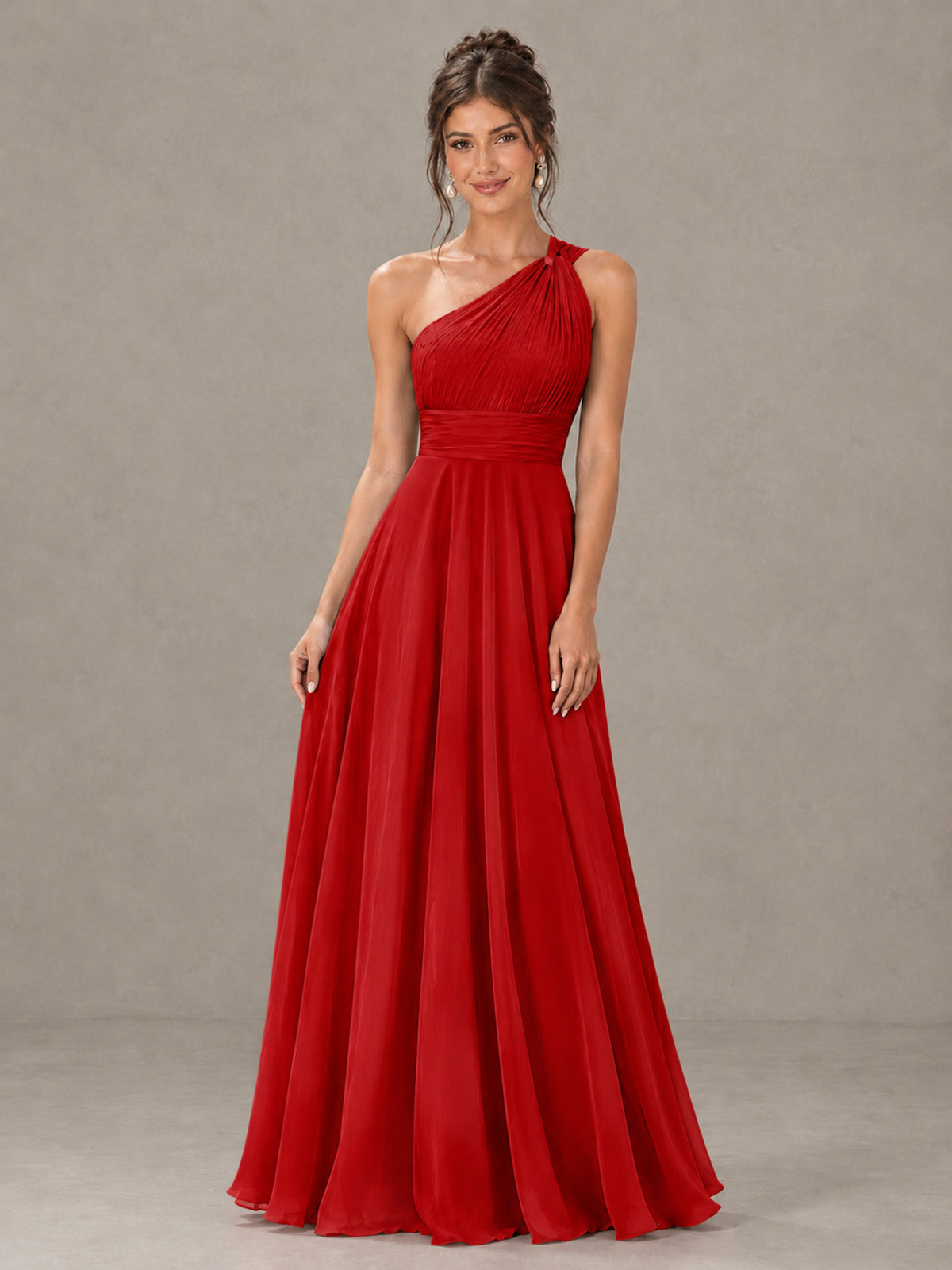 BOLODOO Red One-Shoulder Chiffon-Look Bridesmaid Dress - Red - Red (4)
