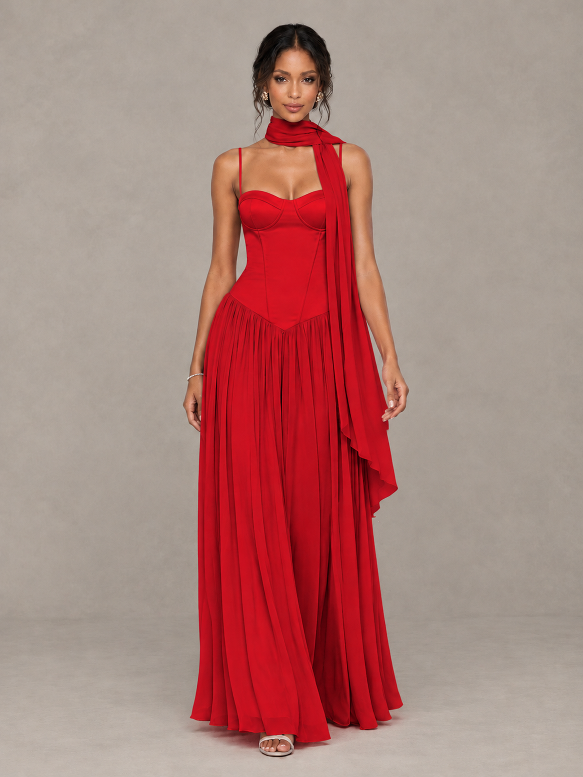 BOLODOO Red Corset Bridesmaid Dress with Scarf - Red - Red (4)