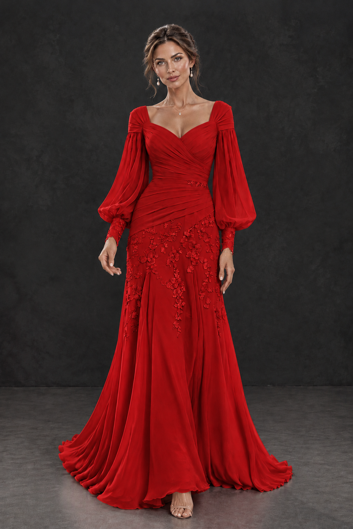 BOLODOO Red Long Sleeve Mother of the Bride Dress with Floral Appliqués - Red - Red (4)