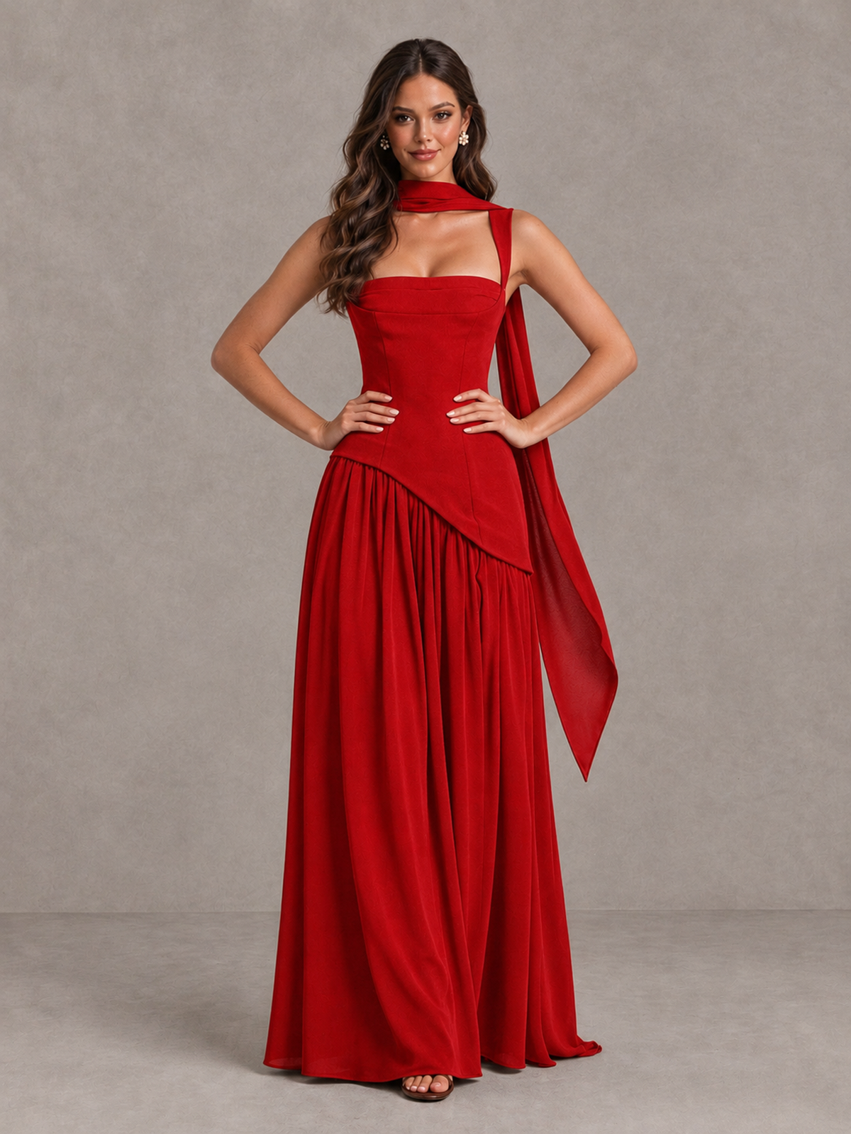 BOLODOO Red Brown Scarf Bridesmaid Dress with Lace-Up Back - Red - Red (4)