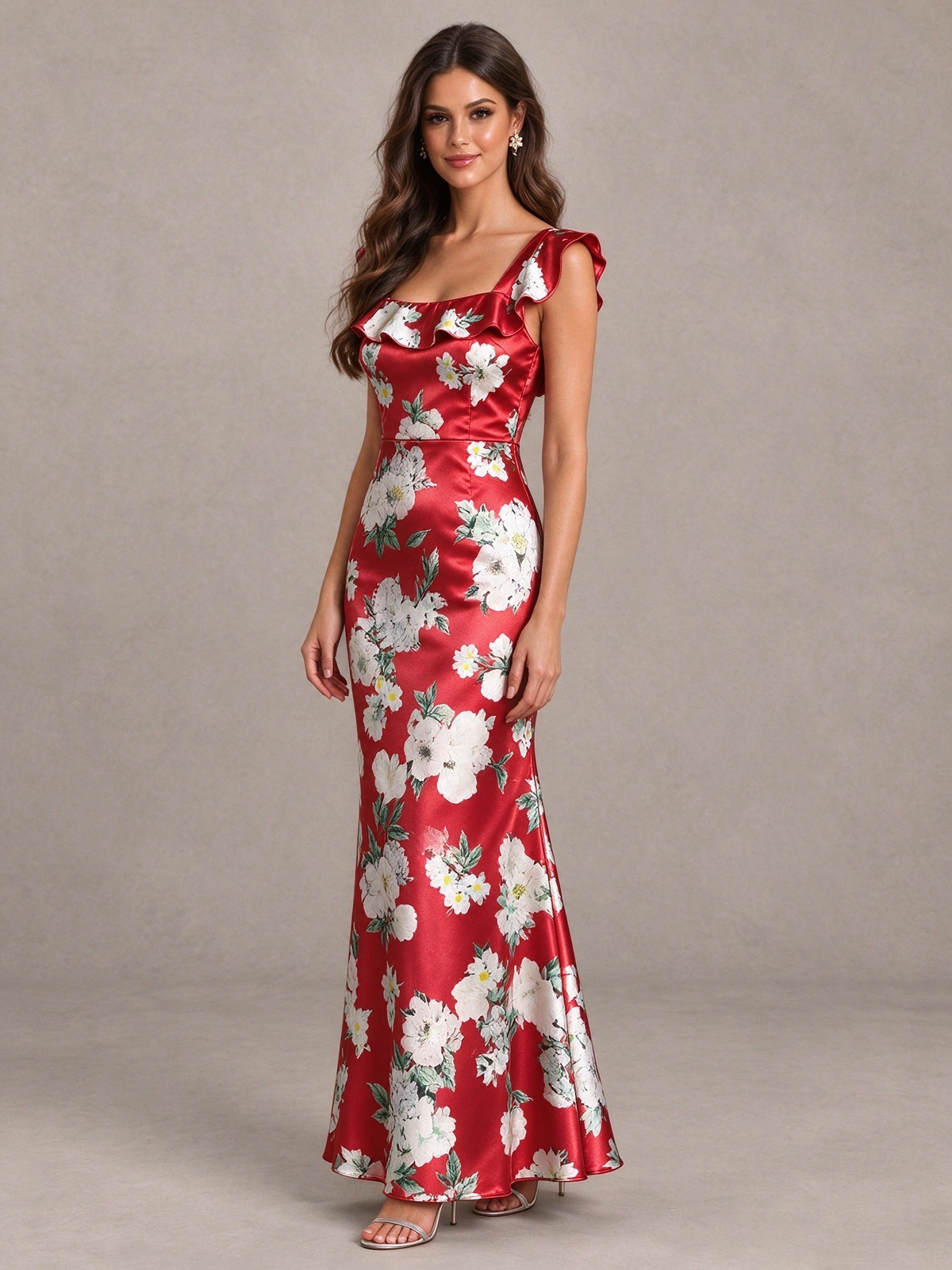 BOLODOO Red Floral Ruffle Lace-Up Bridesmaid Maxi Dress - Red - Red (4)