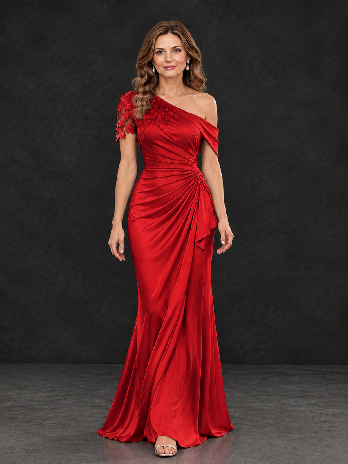 BOLODOO Red Asymmetric Satin Mother of the Bride Dress with Lace Sleeve - Red - Red (4)