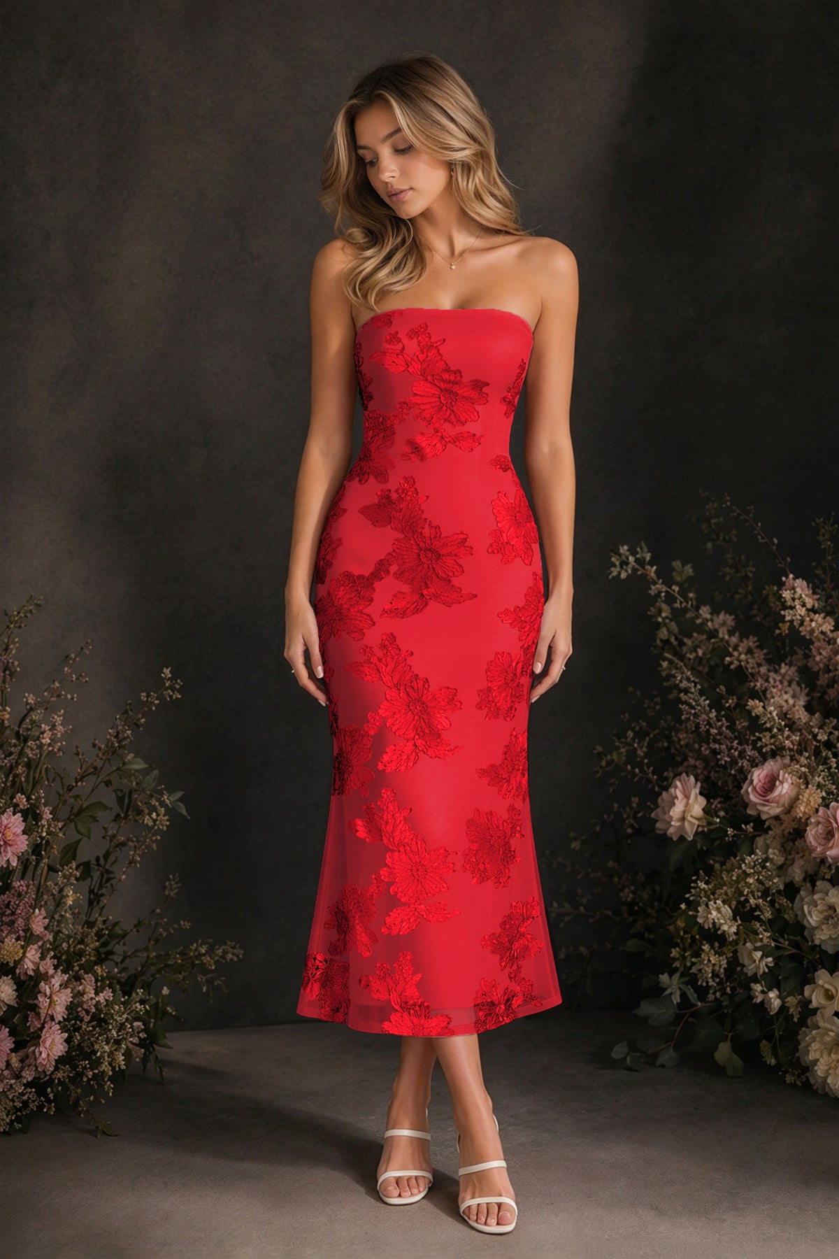 BOLODOO Red Tonal Floral Embroidered Mesh Strapless Open Back Bodycon Midi Tea Length Dress - Red