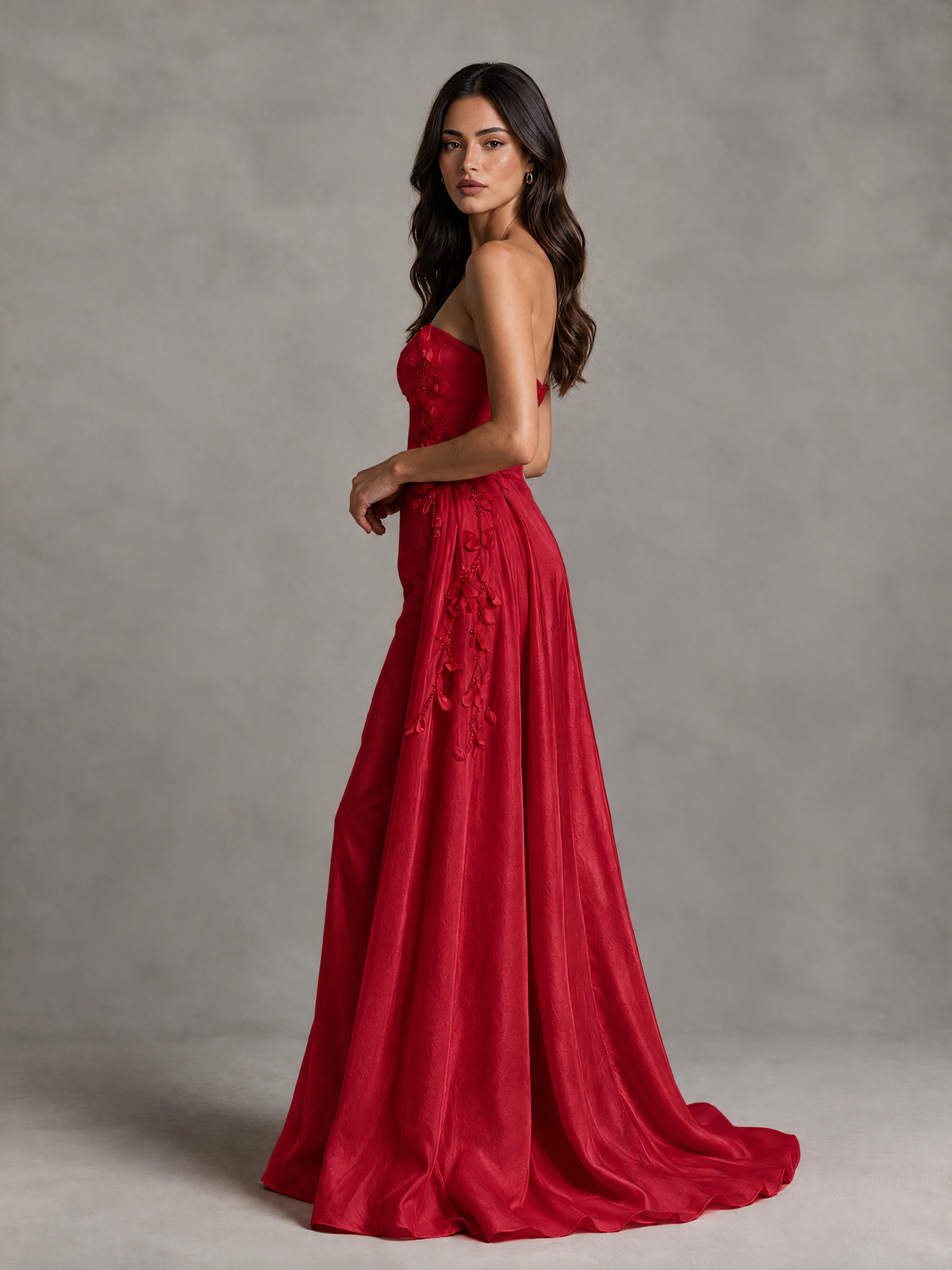 BOLODOO Red Strapless Floral Applique Prom Dress with Overskirt - Red - Red (4)
