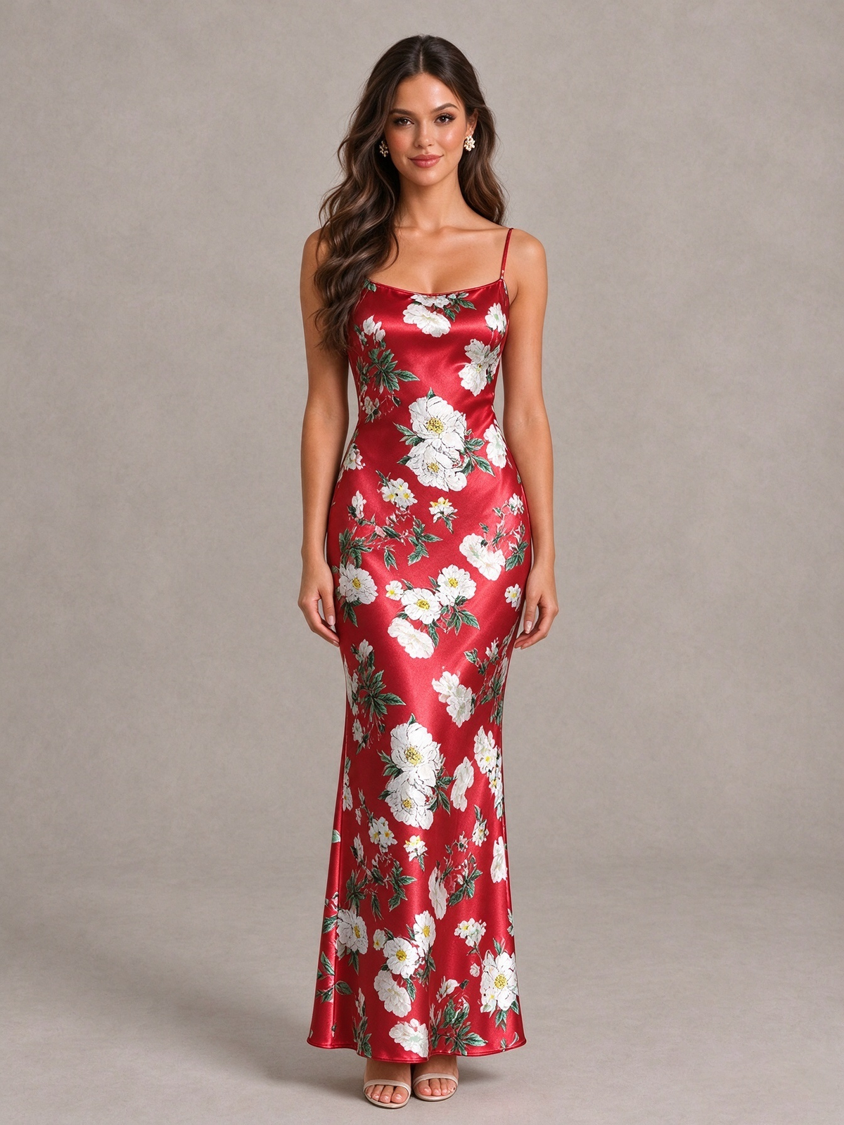 BOLODOO Red Floral Satin Bridesmaid Dress with Cowl Back - Red - Red (4)