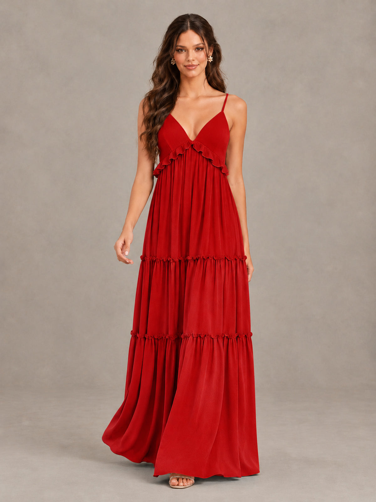 BOLODOO Red Tiered V-Neck Lace-Up Back Bridesmaid Dress - Red - Red (4)