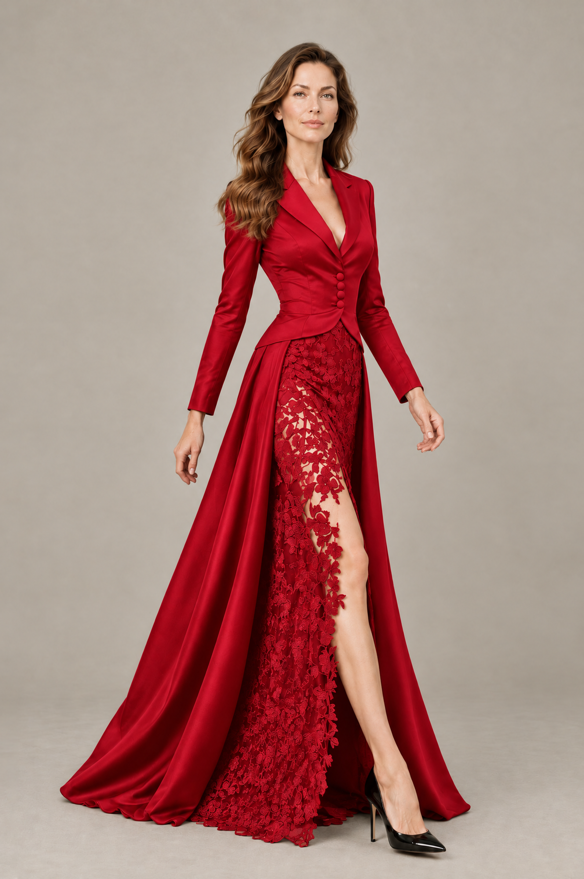 BOLODOO Red Long Sleeve Lace Blazer Gown with High Slit - Red - Red (4)