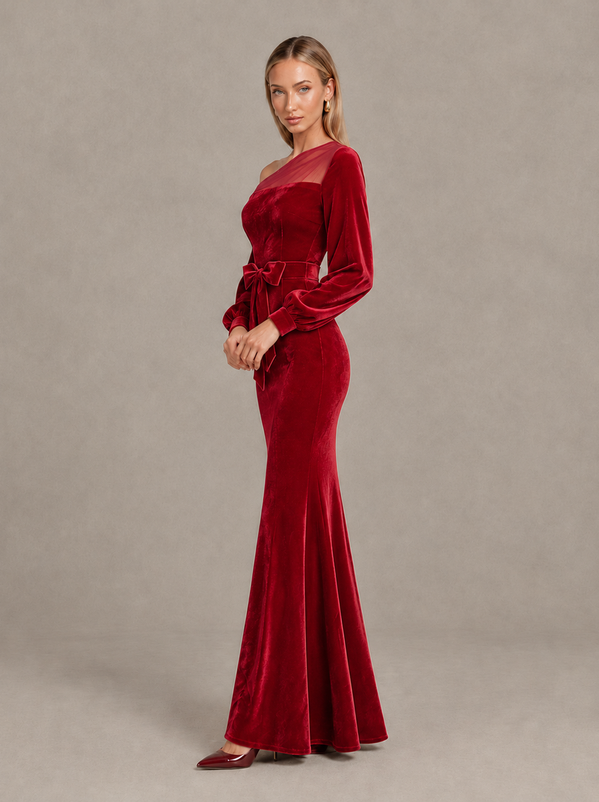 BOLODOO Red Velvet Mermaid Evening Dress with Long Sleeves - Red - Red (4)