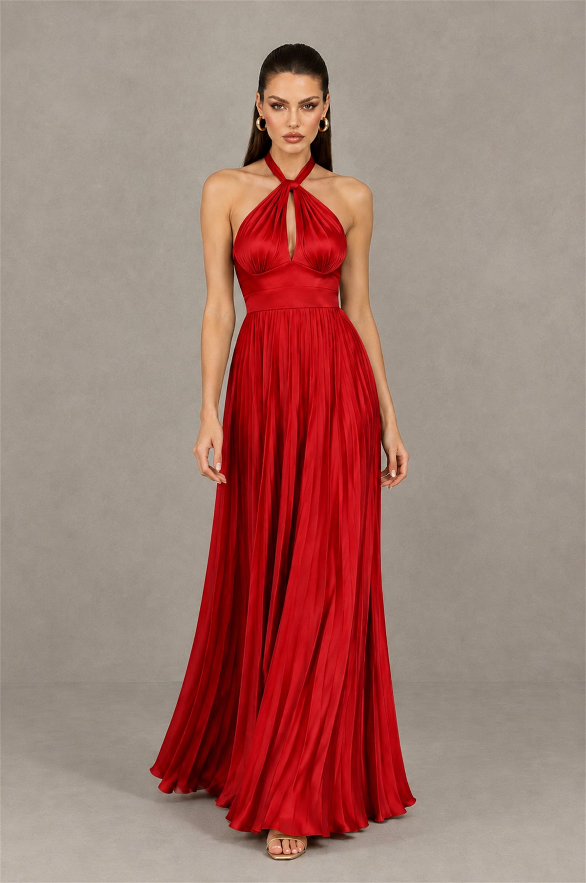 BOLODOO Red Halter Pleated A-Line Evening Dress - Red - Red (4)