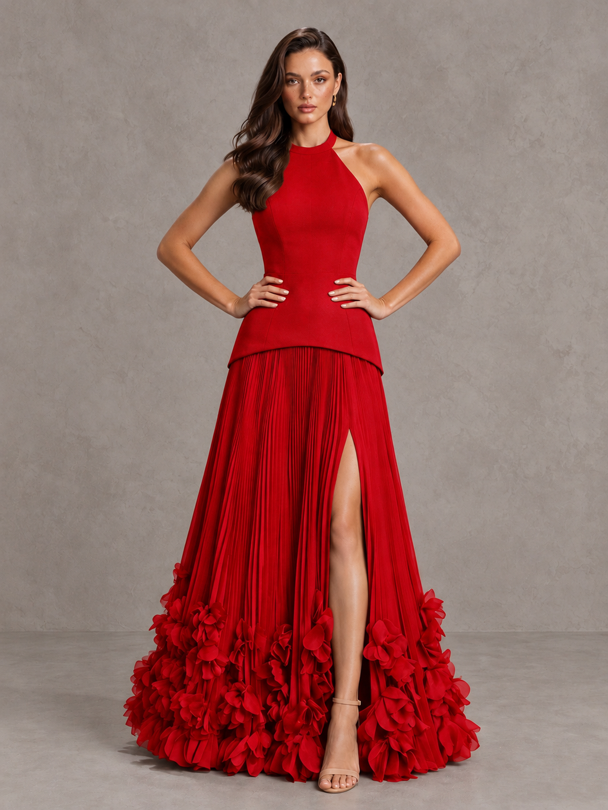 BOLODOO Red Halter Neck Floor-Length Evening Gown with High Slit & 3D Floral Hem - Red - Red (4)