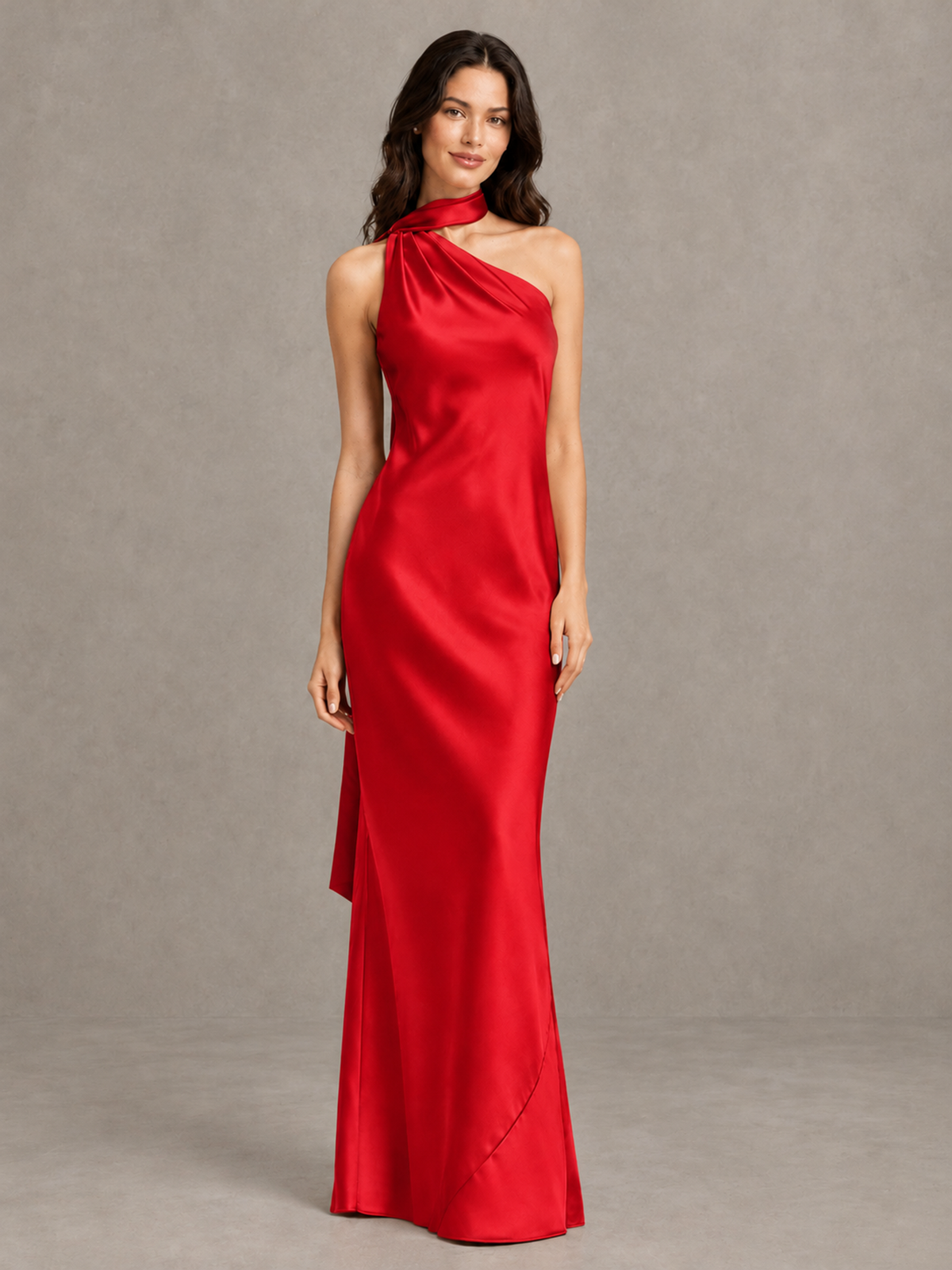 BOLODOO Red Satin One-Shoulder Bridesmaid Dress with Open Back - Red - Red (4)