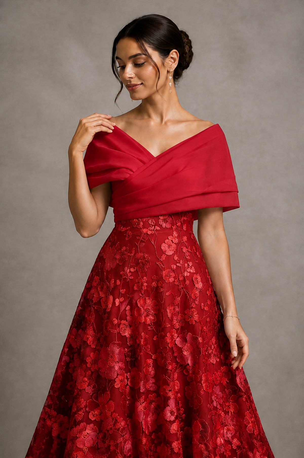 Red Off-Shoulder Satin & 3D Floral Embroidered Tulle Tea Length A-Line Dress - Red