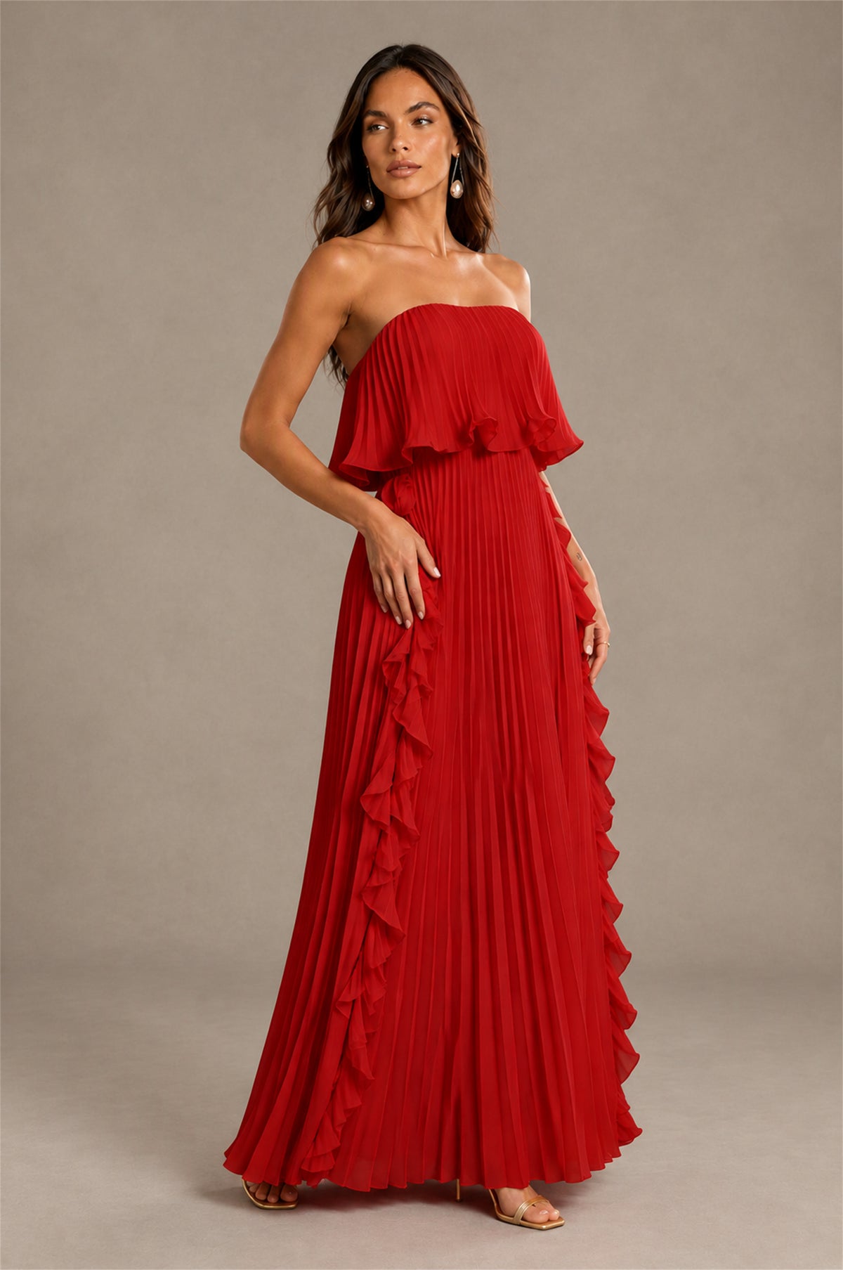 BOLODOO Red Strapless Ruffle Bodice Dual Cascading Ruffle Accordion Pleated Chiffon Maxi Dress - Red