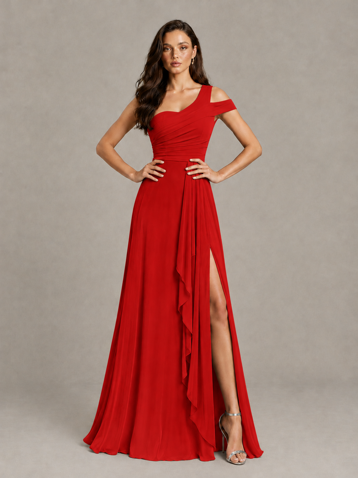BOLODOO Red One-Shoulder Bridesmaid Dress with Side Slit - Red - Red (4)