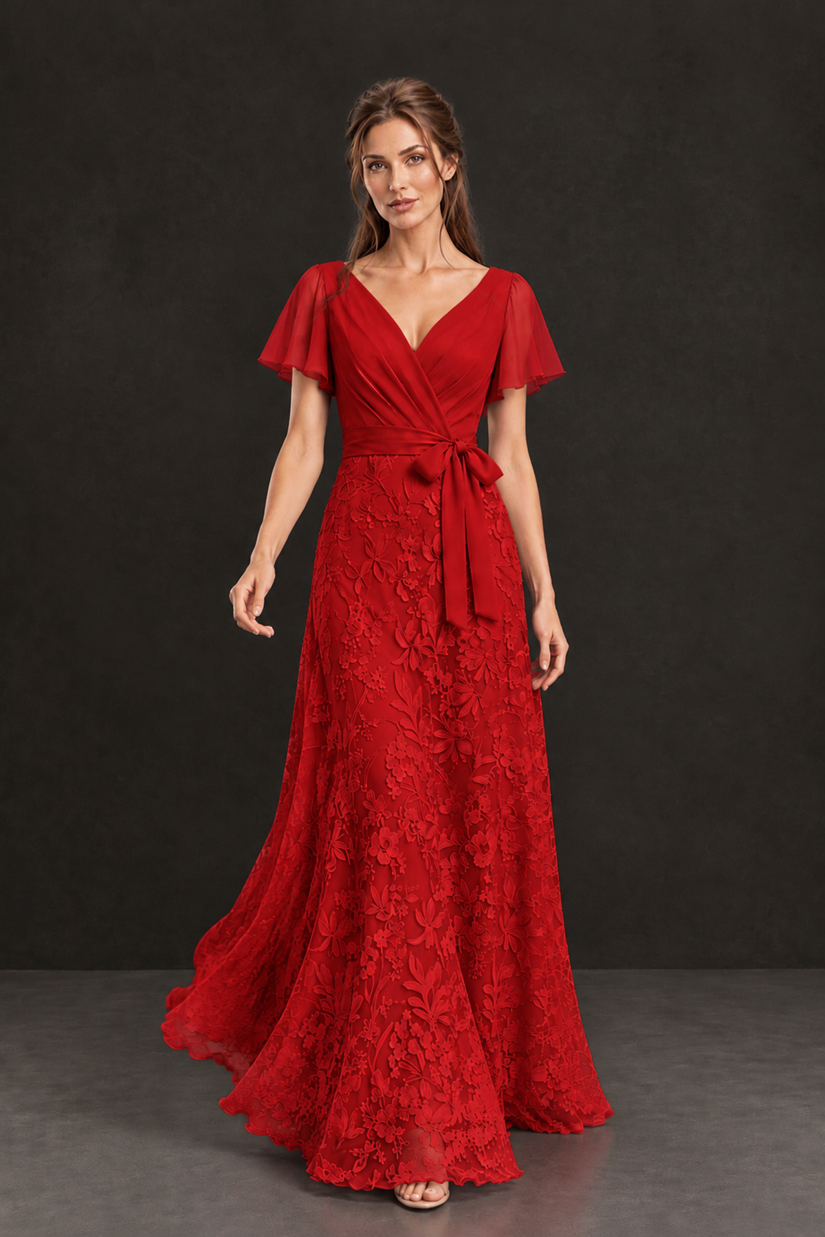BOLODOO Red Flutter Sleeve Lace Mother of the Bride Dress - Red