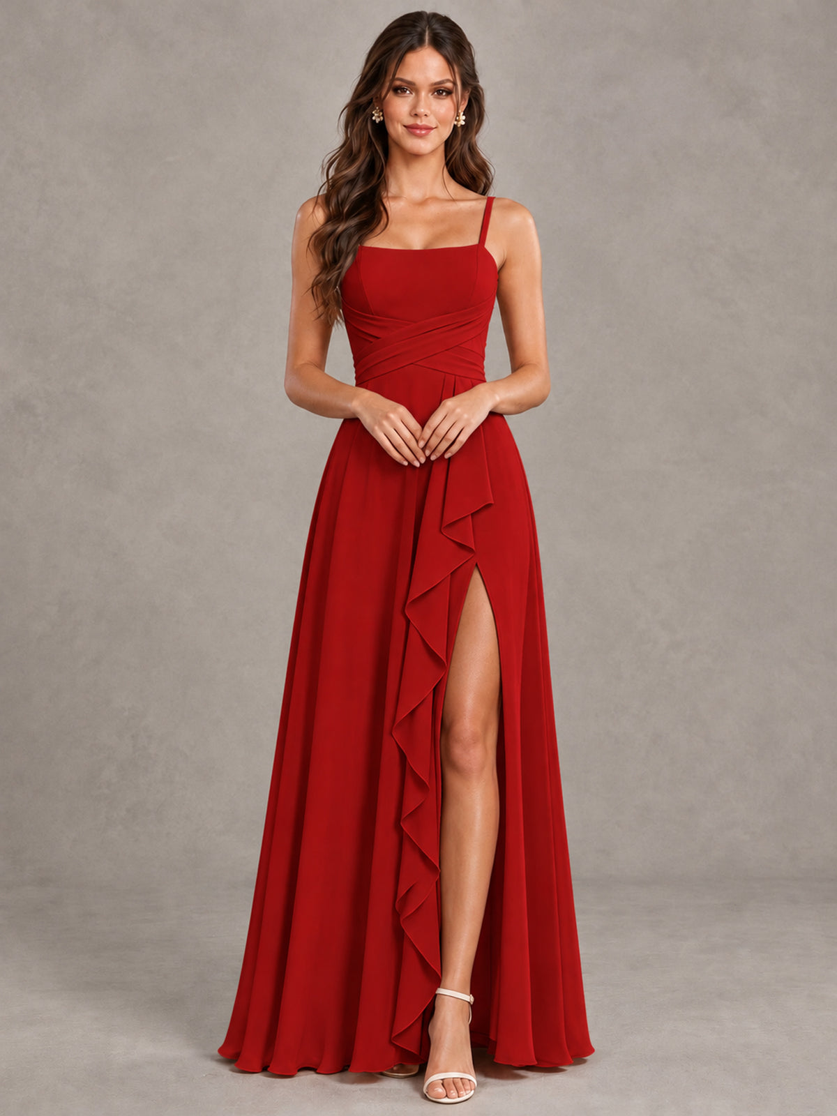 BOLODOO Red Spaghetti Strap Ruffle Bridesmaid Dress with Slit - Red - Red (4)