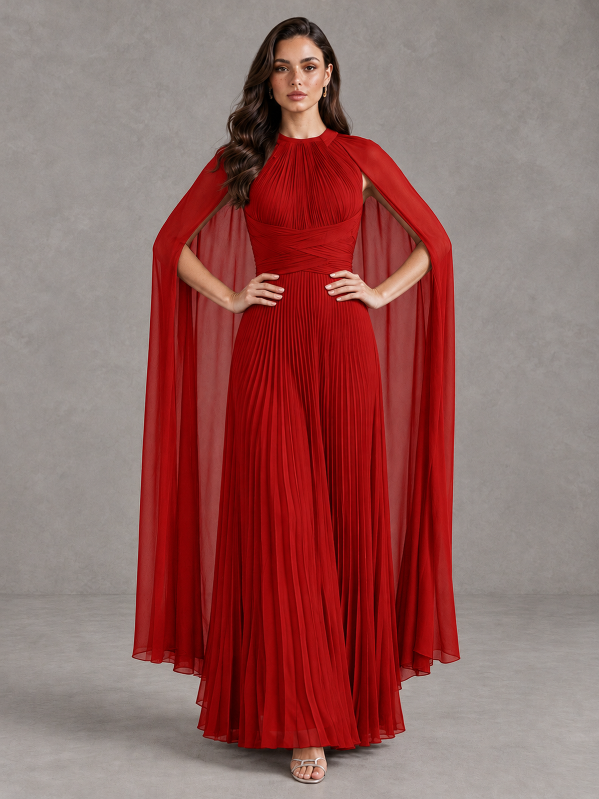 BOLODOO Red Pleated Cape Maxi Wedding Guest Dress - Red - Red (4)