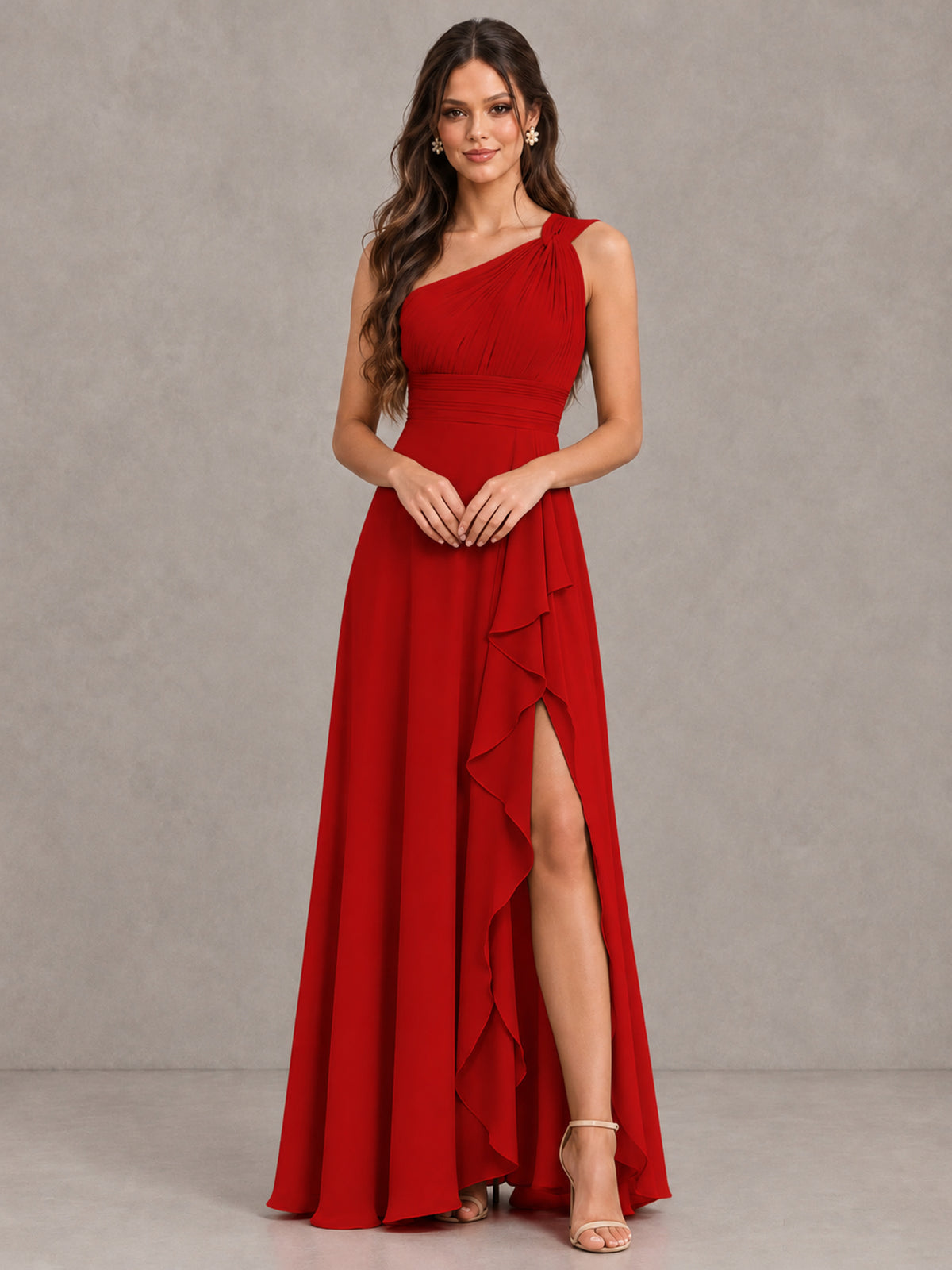 BOLODOO Red One-Shoulder Ruffle Bridesmaid Dress with Slit - Red - Red (4)