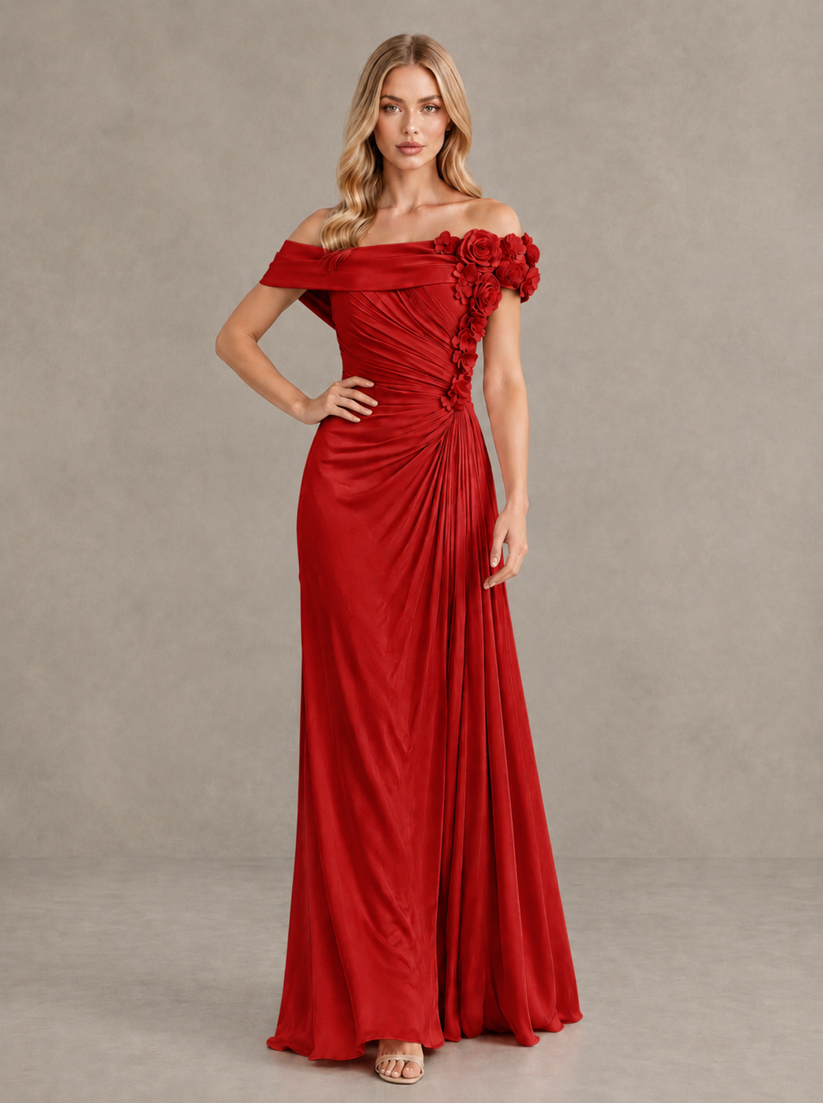 BOLODOO Red Off-Shoulder Floral Applique Wedding Guest Maxi Dress - Red - Red (4)
