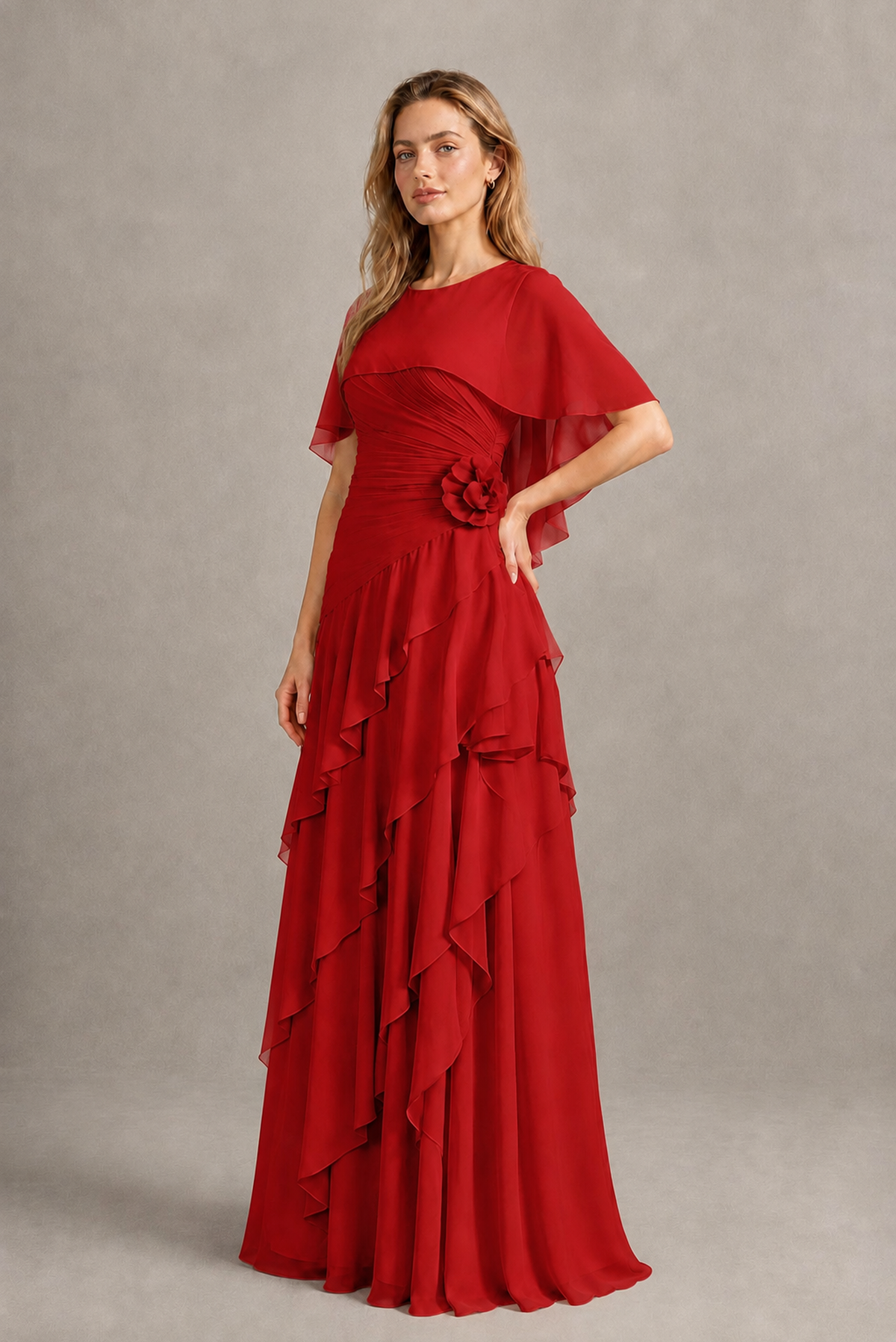 BOLODOO Red Chiffon Flutter Sleeve Tiered Maxi Dress with 3D Rosette - Red