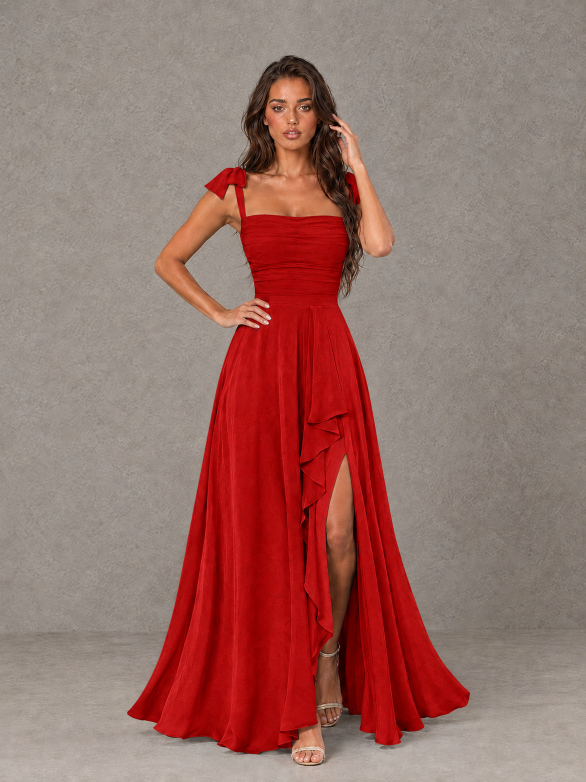 BOLODOO Red Bow-Strap Bridesmaid Dress with Ruffle Slit - Red - Red (4)