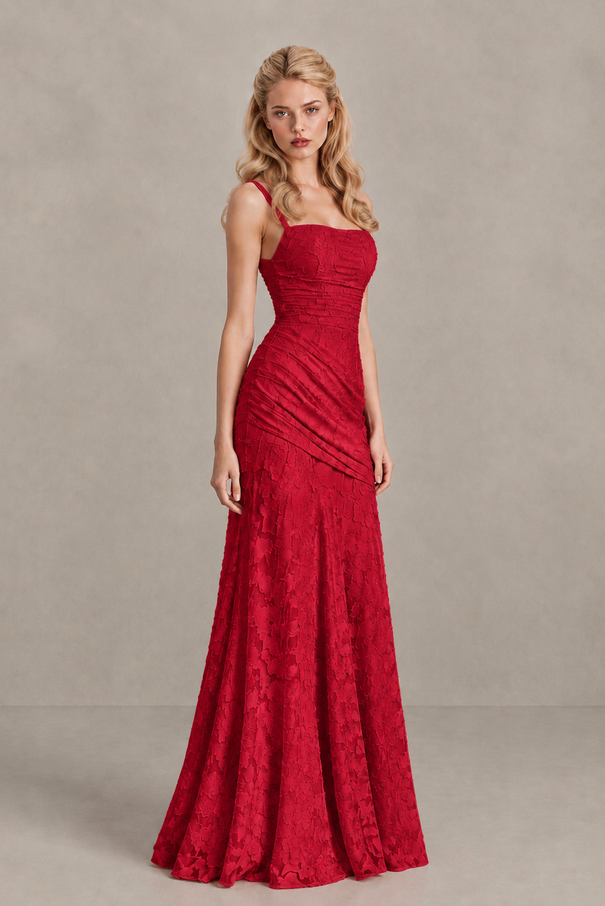 BOLODOO Red Ruched Floral Maxi Dress with Lace-Up Back - Red