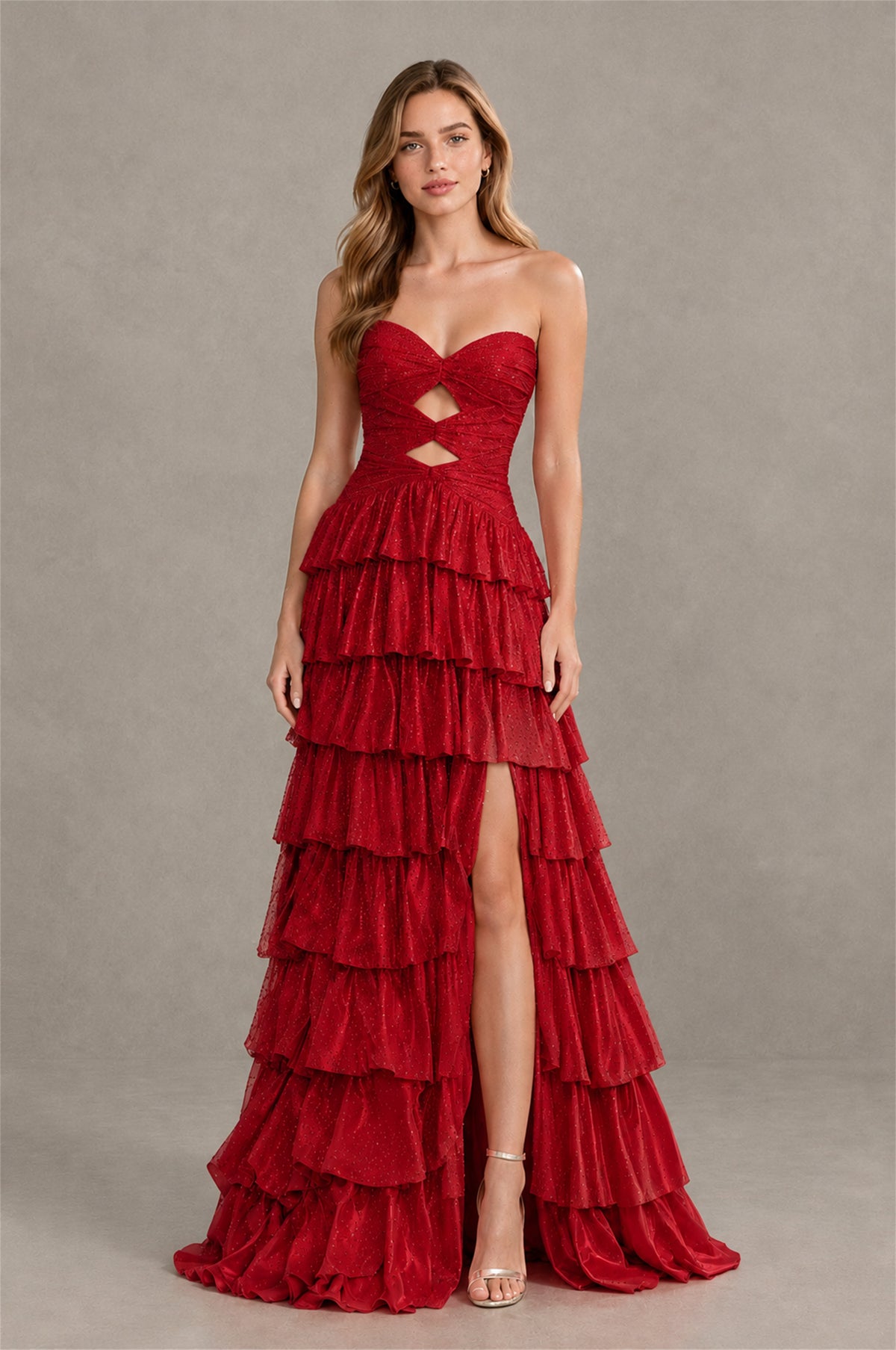 BOLODOO Red Strapless Cutout Tiered Ruffle Prom Dress with High Slit - Red - Red (4)
