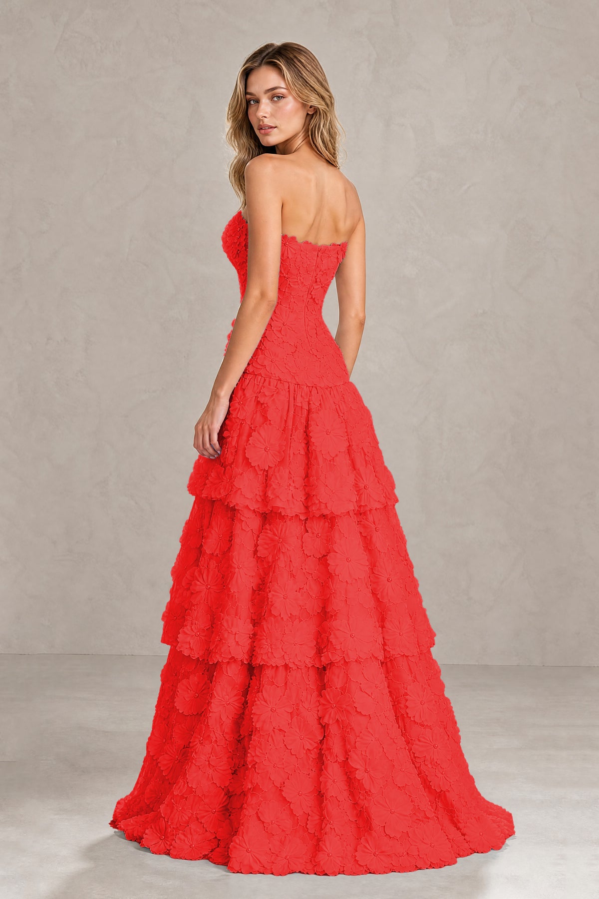 BOLODOO Red Strapless 3D Floral Tiered Evening Gown - Red
