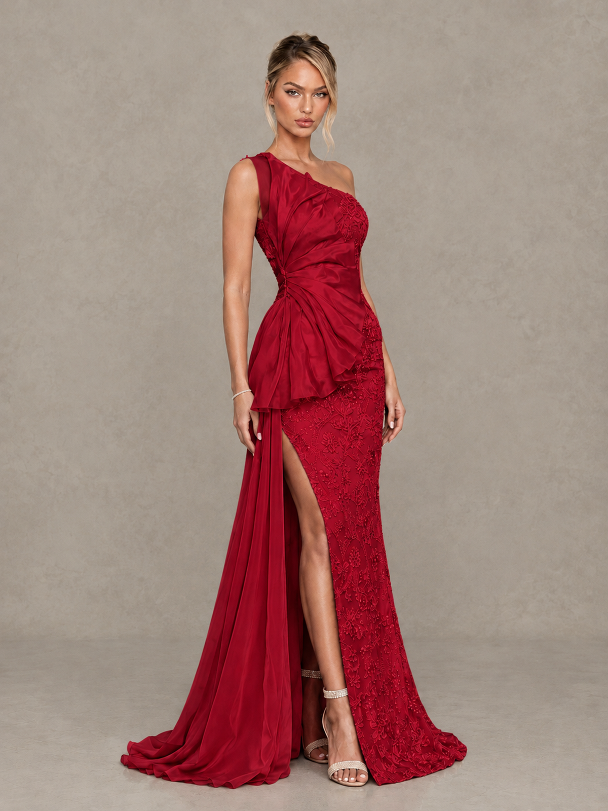 BOLODOO Red One-Shoulder Floral Lace Evening Gown with High Slit - Red - Red (4)