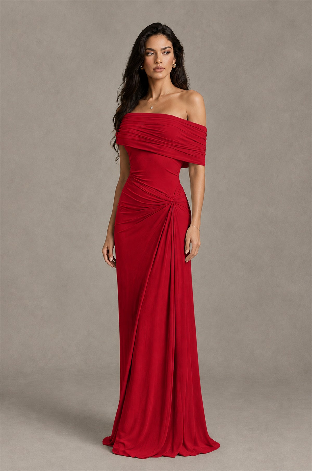 BOLODOO Red Off-Shoulder Ruched Maxi Dress - Red