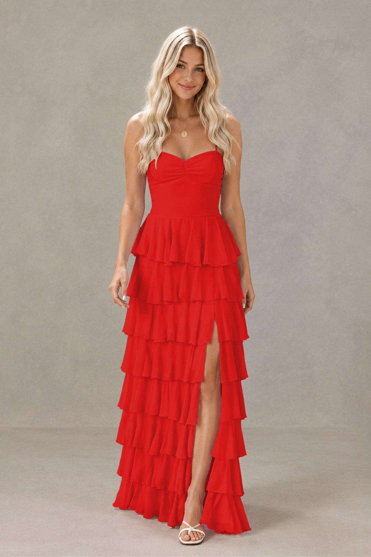 BOLODOO Red Strapless Tiered Ruffle Maxi Dress with Slit & Lace-Up Back - Red