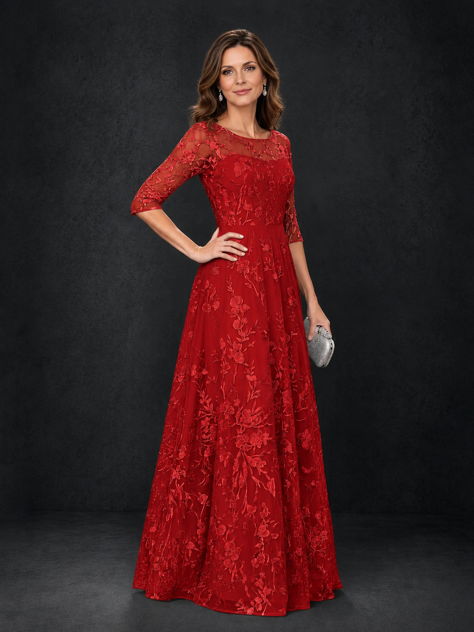 BOLODOO Red Illusion Bateau Neck 3/4 Sleeve Floral Lace A-Line Mother of the Bride Dress MX007 - Red