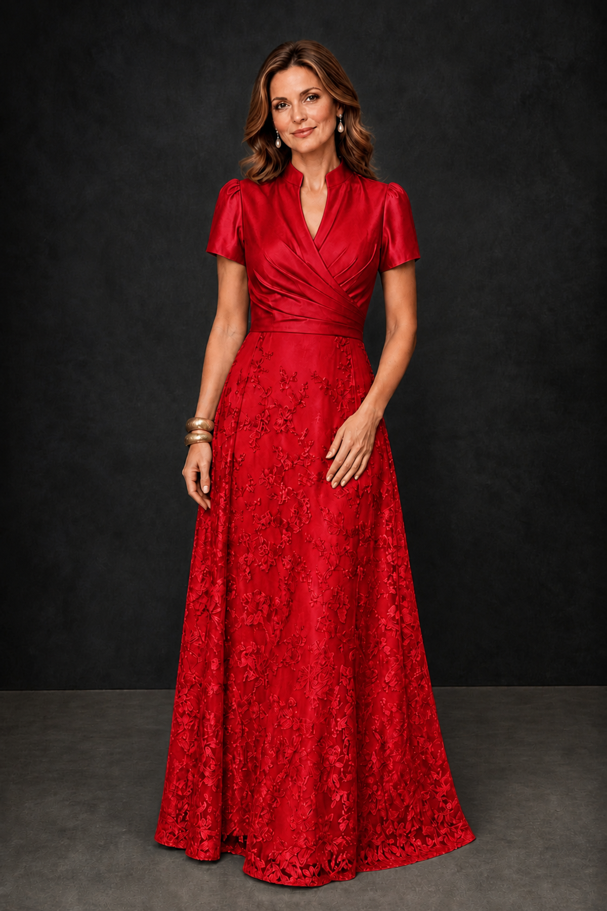BOLODOO Red Satin Wrap V-Neck Short Sleeve Lace Glitter A-Line Floor Length Evening Gown – Formal Dress - Red - Red (4)