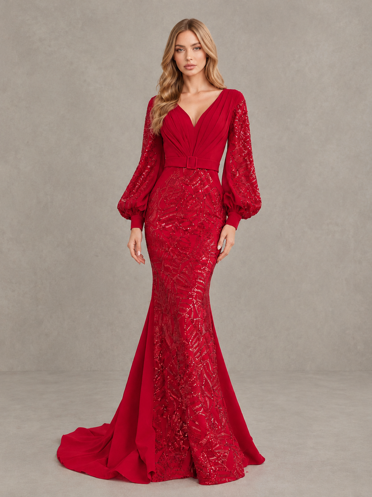BOLODOO Red Sequin Long Bishop Sleeve Mermaid Evening Dress - Red - Red (4)