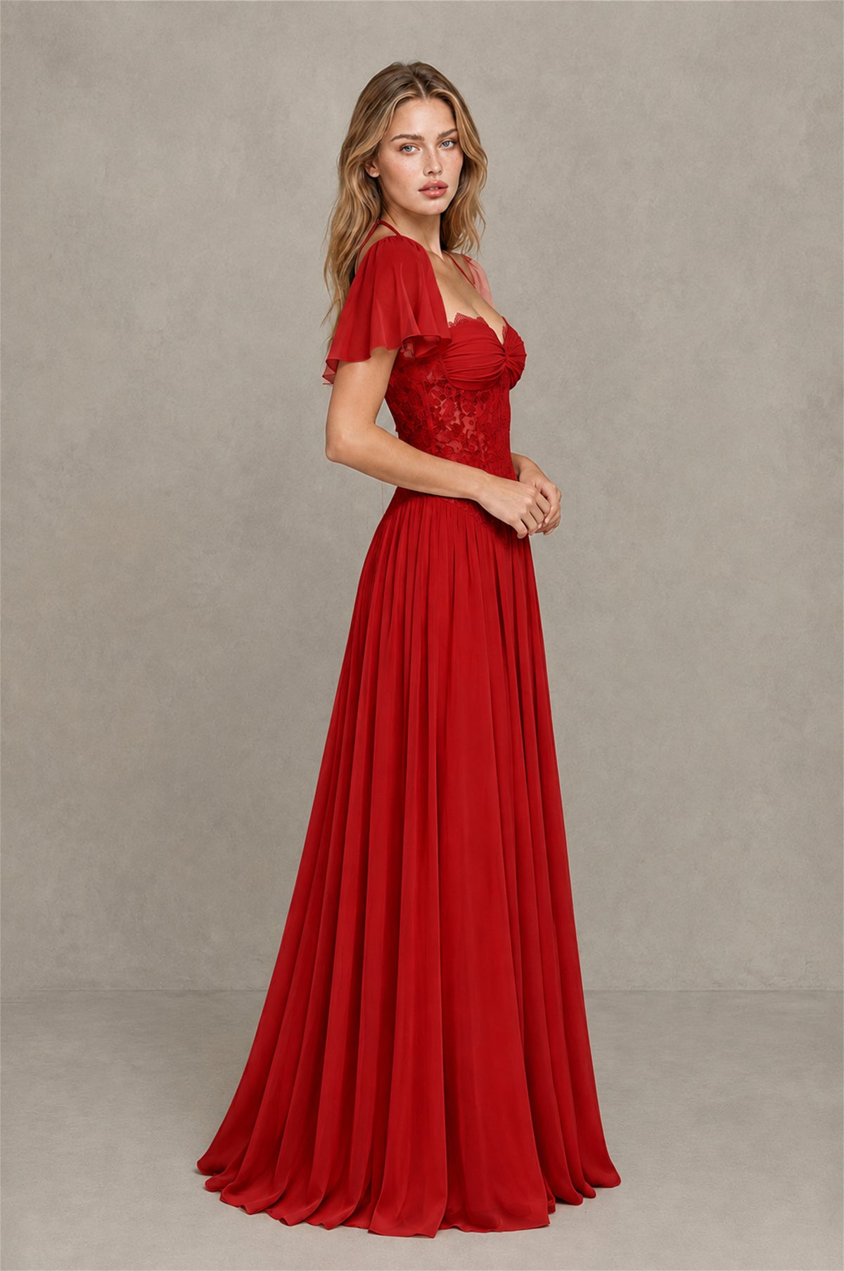BOLODOO Red Flutter Sleeve Lace Corset A-Line Maxi Dress - Red - Red (4)