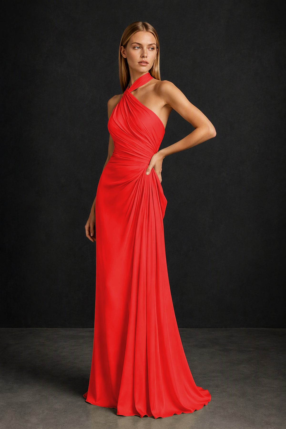 BOLODOO Red Twisted Halter Neck Ruched Sleeveless Open Back Floor-Length Gown - Red