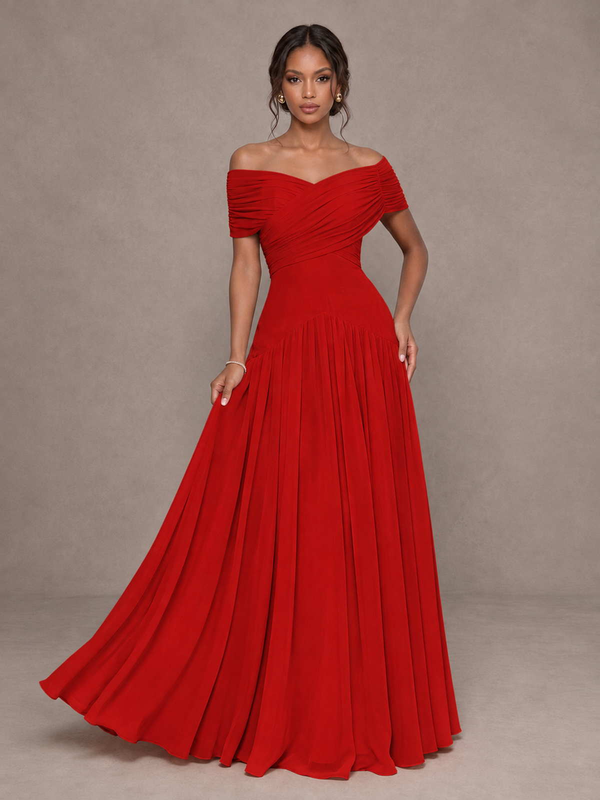 BOLODOO Red Off-Shoulder Ruched A-Line Bridesmaid Dress - Red - Red (4)